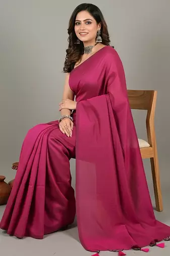 Pink fancy cotton handloom saree with blouse piece for women