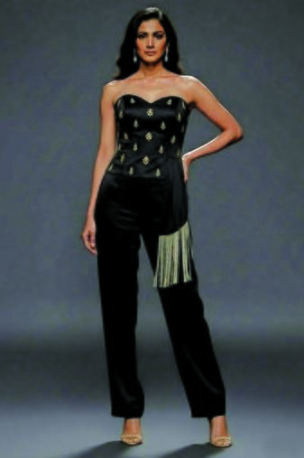 Black embroidered satin co ord set