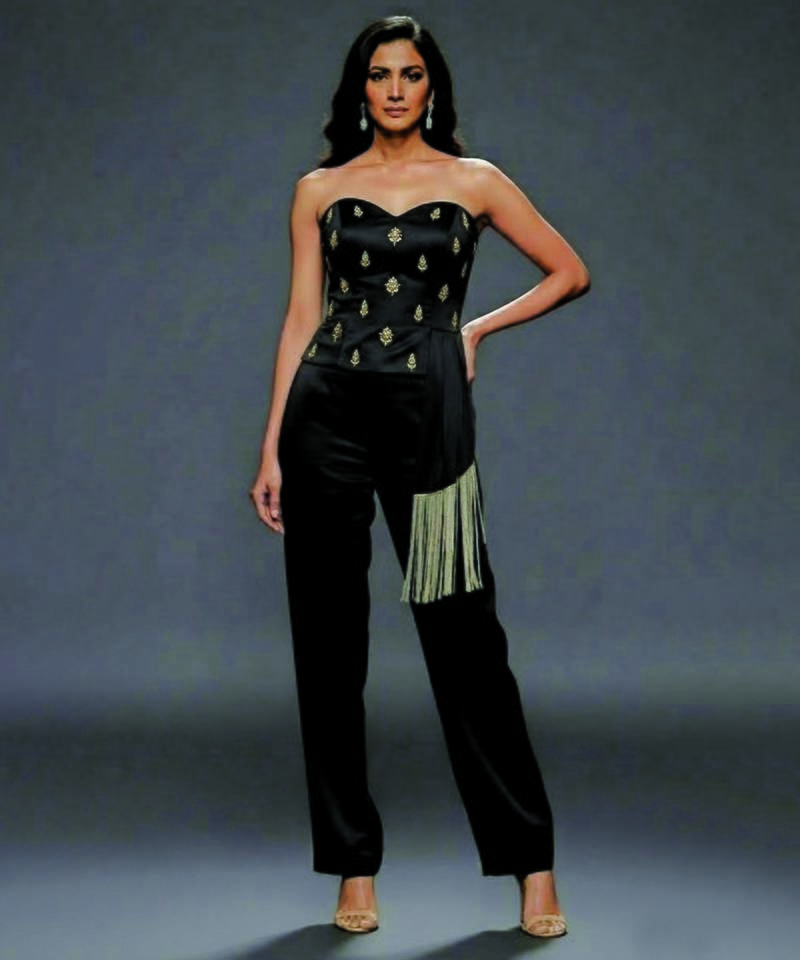 Black embroidered satin co ord set