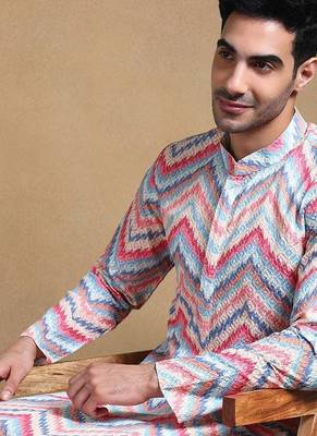 Men pink viscose rayon chevron printed straight kurta with trousers 1
