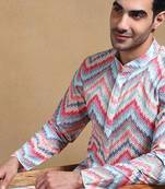 Men pink viscose rayon chevron printed straight kurta with trousers