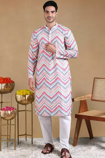 Men pink viscose rayon chevron printed straight kurta with trousers