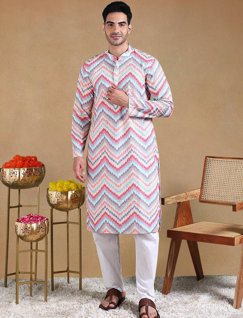 Men pink viscose rayon chevron printed straight kurta with trousers