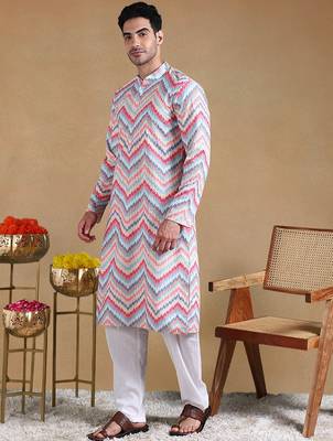 Men pink viscose rayon chevron printed straight kurta with trousers 3