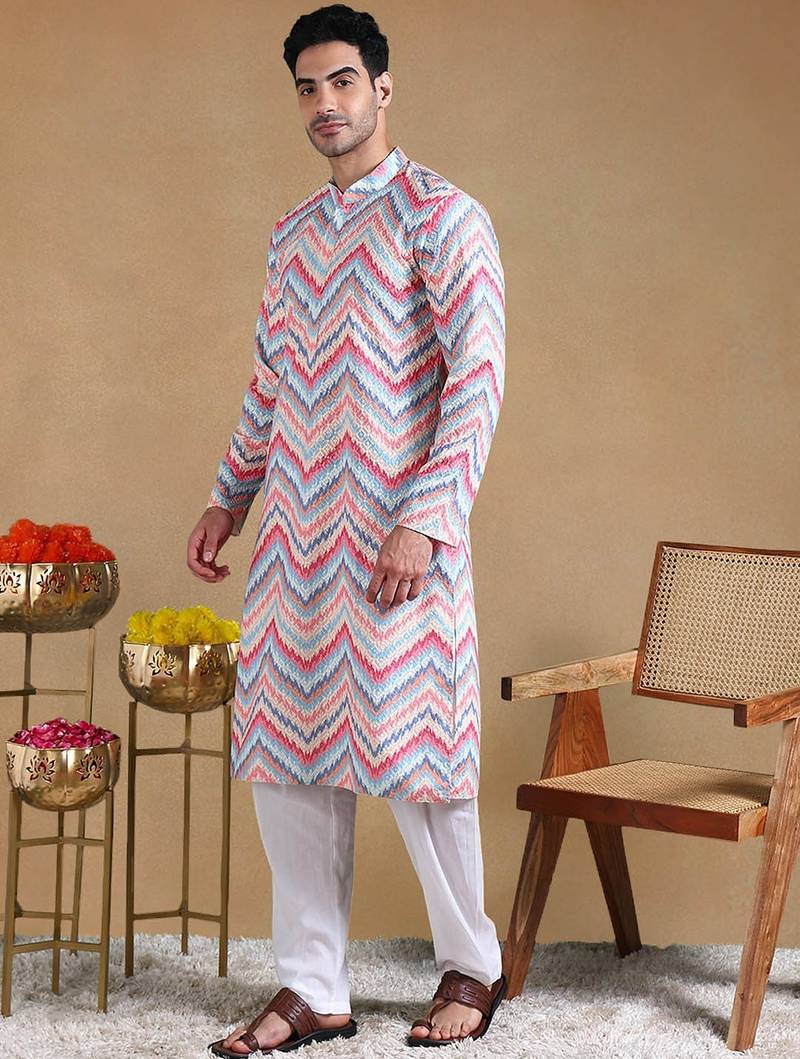 Men pink viscose rayon chevron printed straight kurta with trousers