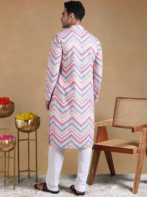 Men pink viscose rayon chevron printed straight kurta with trousers 4
