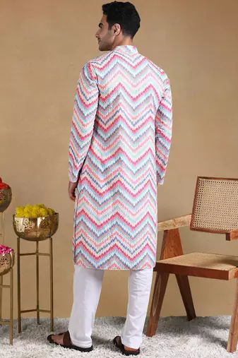 Men pink viscose rayon chevron printed straight kurta with trousers