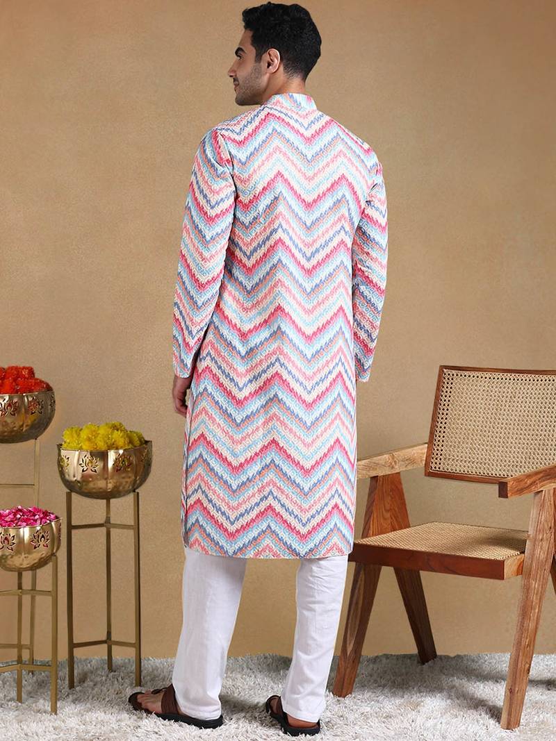 Men pink viscose rayon chevron printed straight kurta with trousers