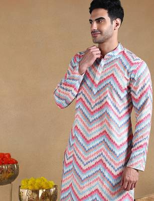 Men pink viscose rayon chevron printed straight kurta with trousers 5