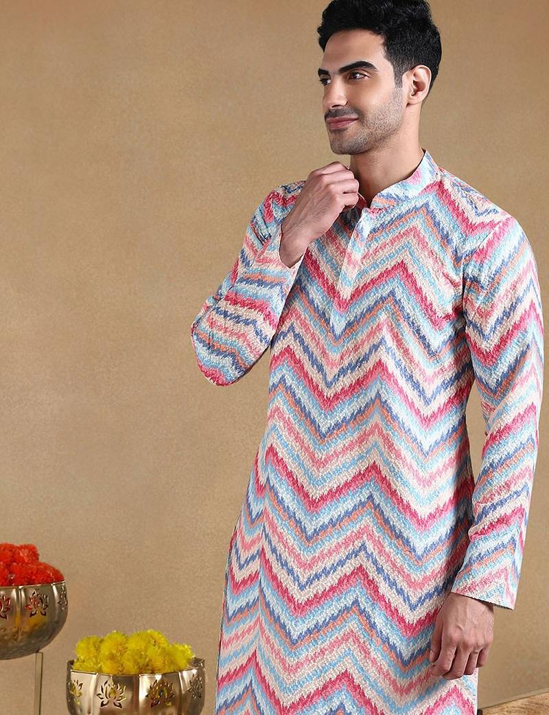 Men pink viscose rayon chevron printed straight kurta with trousers