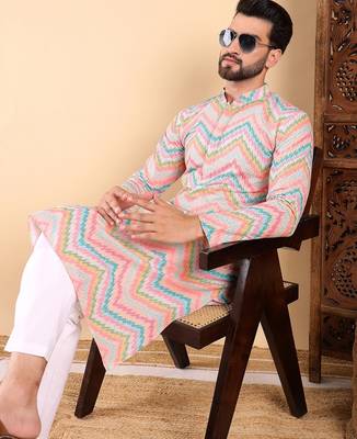 Men teal viscose rayon chevron printed straight kurta with trousers 1