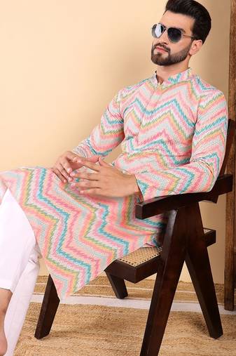 Men teal viscose rayon chevron printed straight kurta with trousers