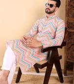 Men teal viscose rayon chevron printed straight kurta with trousers