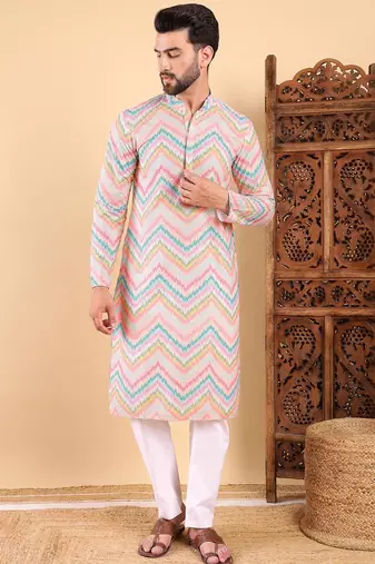 Men teal viscose rayon chevron printed straight kurta with trousers