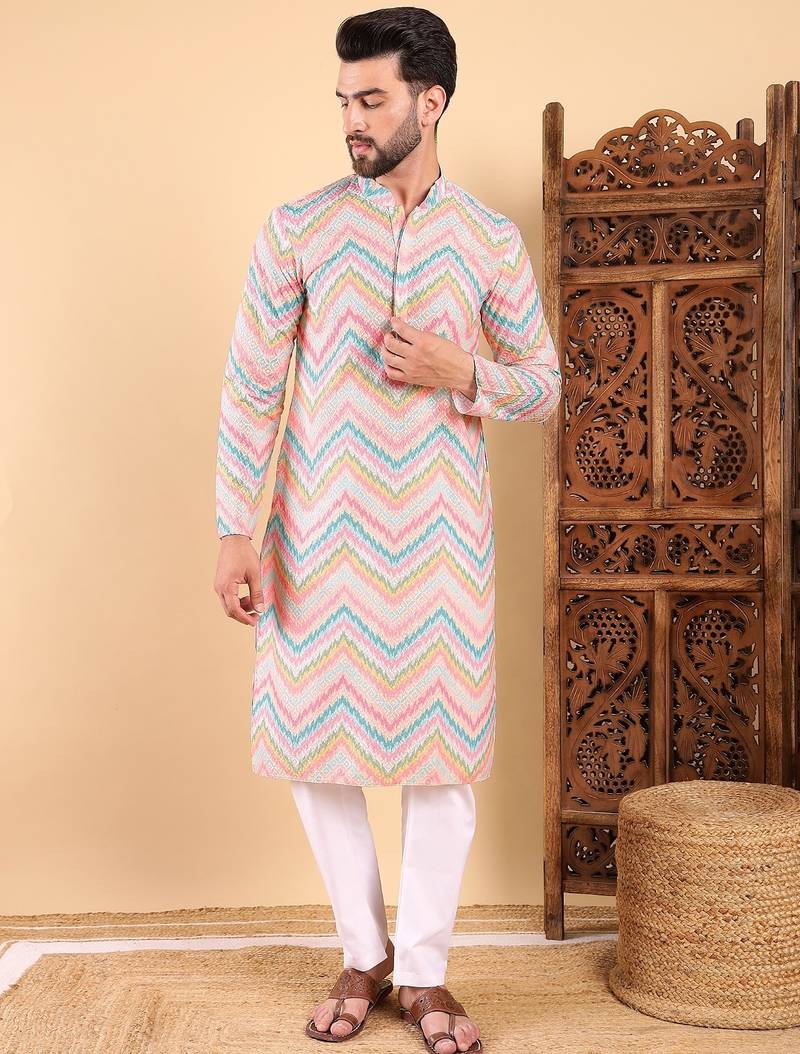 Men teal viscose rayon chevron printed straight kurta with trousers