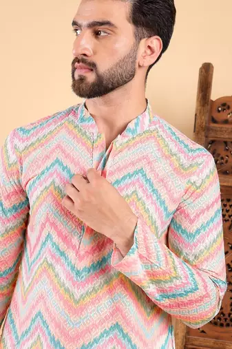 Men teal viscose rayon chevron printed straight kurta with trousers