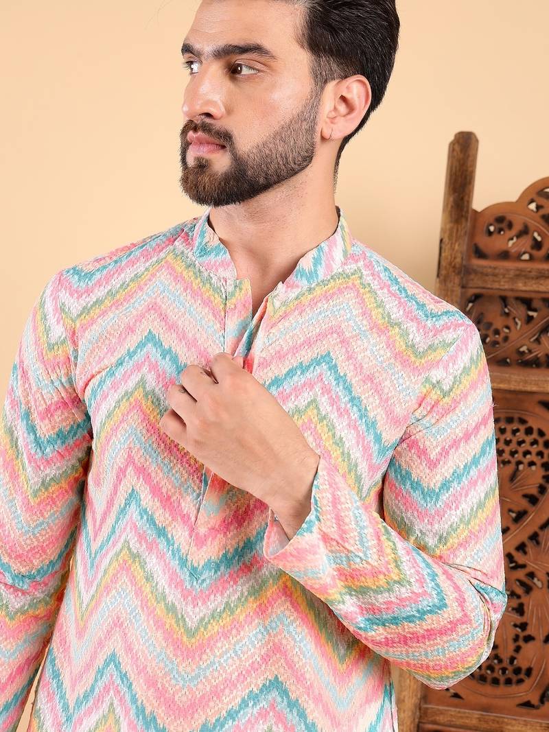 Men teal viscose rayon chevron printed straight kurta with trousers