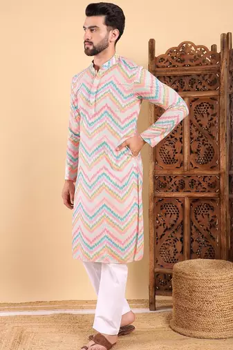 Men teal viscose rayon chevron printed straight kurta with trousers