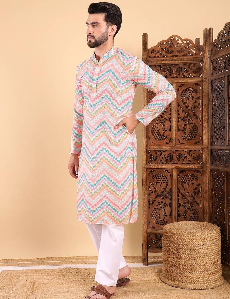 Men teal viscose rayon chevron printed straight kurta with trousers