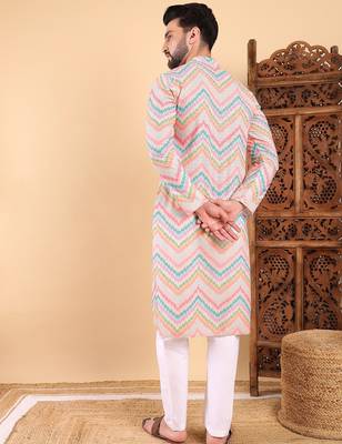 Men teal viscose rayon chevron printed straight kurta with trousers 5