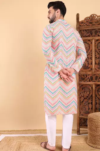 Men teal viscose rayon chevron printed straight kurta with trousers