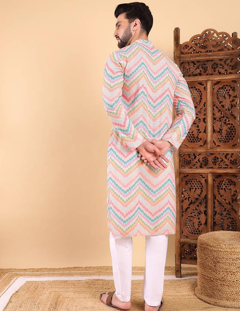 Men teal viscose rayon chevron printed straight kurta with trousers