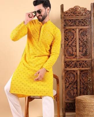 Men yellow viscose rayon solid embroidered straight kurta with trousers 1