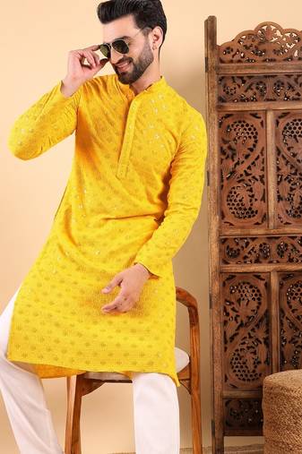 Men yellow viscose rayon solid embroidered straight kurta with trousers