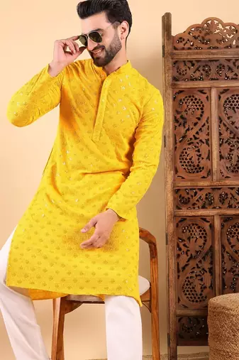 Men yellow viscose rayon solid embroidered straight kurta with trousers