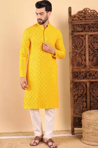 Men yellow viscose rayon solid embroidered straight kurta with trousers