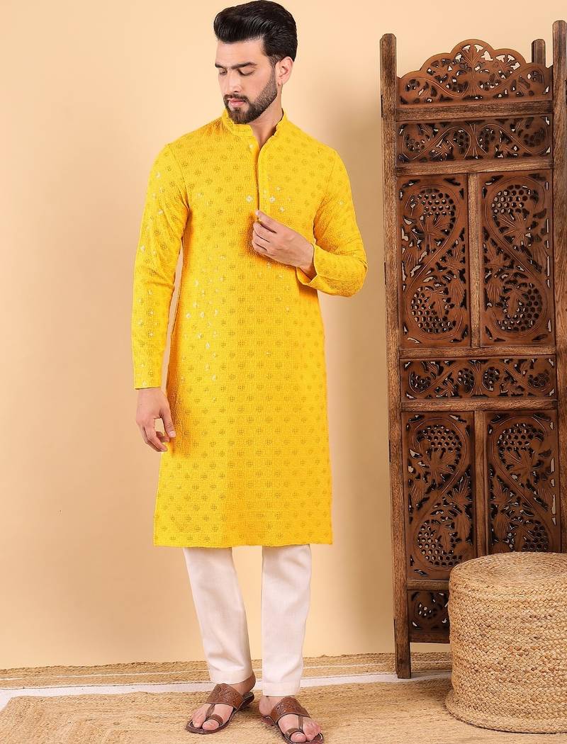 Men yellow viscose rayon solid embroidered straight kurta with trousers