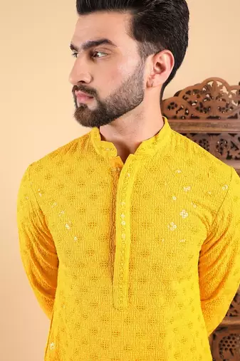 Men yellow viscose rayon solid embroidered straight kurta with trousers