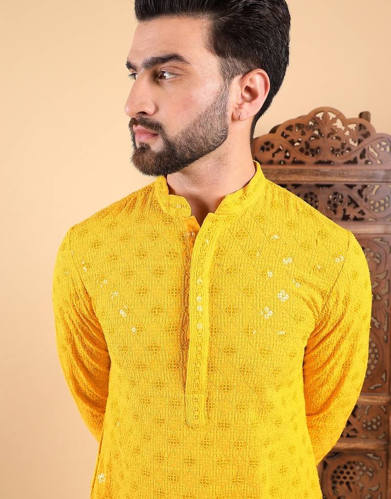 Men yellow viscose rayon solid embroidered straight kurta with trousers