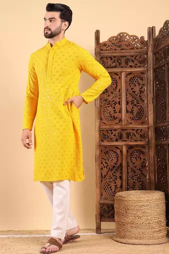 Men yellow viscose rayon solid embroidered straight kurta with trousers