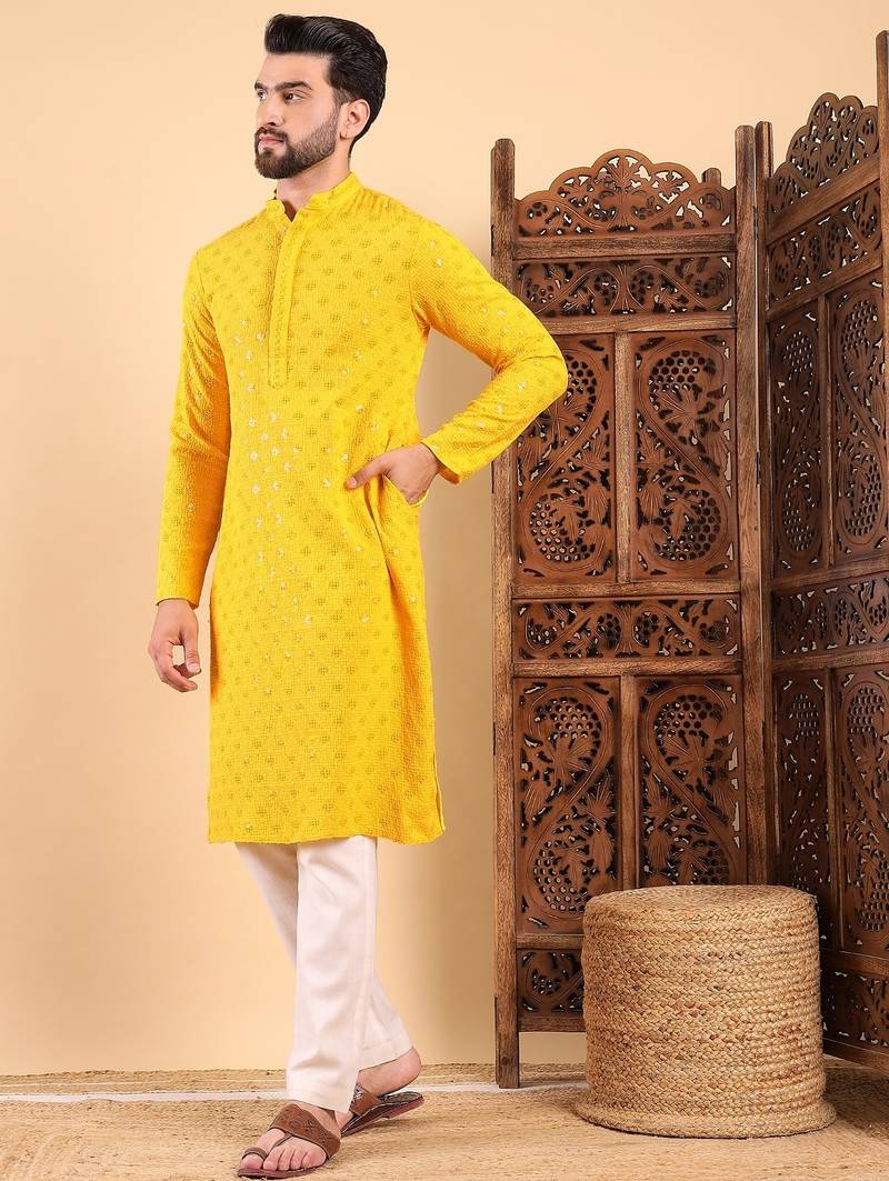 Men yellow viscose rayon solid embroidered straight kurta with trousers