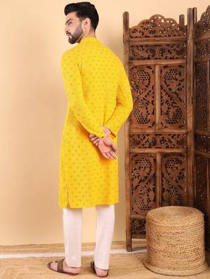 Men yellow viscose rayon solid embroidered straight kurta with trousers 5