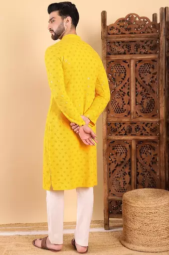 Men yellow viscose rayon solid embroidered straight kurta with trousers