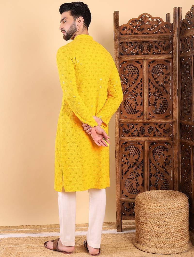 Men yellow viscose rayon solid embroidered straight kurta with trousers