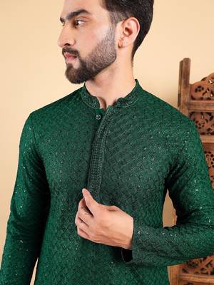 Men green viscose rayon solid embroidered straight kurta with trousers 1