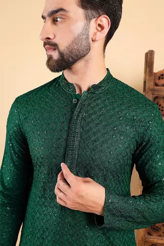 Men green viscose rayon solid embroidered straight kurta with trousers