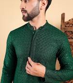 Men green viscose rayon solid embroidered straight kurta with trousers