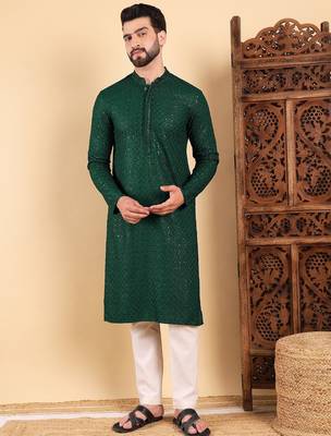 Men green viscose rayon solid embroidered straight kurta with trousers 2