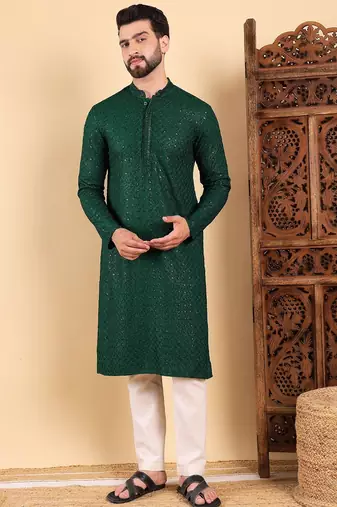 Men green viscose rayon solid embroidered straight kurta with trousers