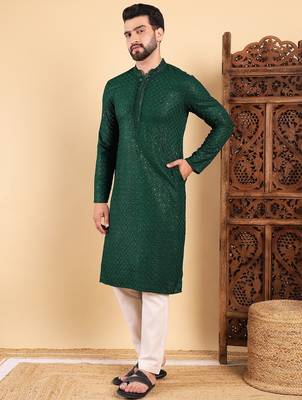 Men green viscose rayon solid embroidered straight kurta with trousers 3