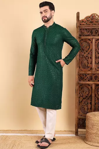 Men green viscose rayon solid embroidered straight kurta with trousers