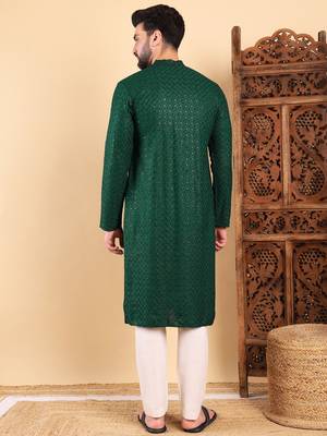 Men green viscose rayon solid embroidered straight kurta with trousers 4