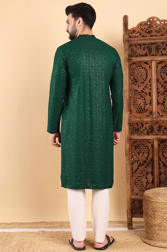 Men green viscose rayon solid embroidered straight kurta with trousers