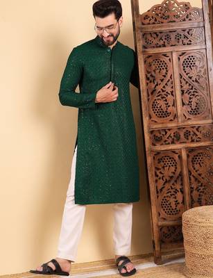 Men green viscose rayon solid embroidered straight kurta with trousers 5