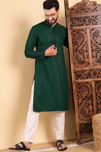 Men green viscose rayon solid embroidered straight kurta with trousers