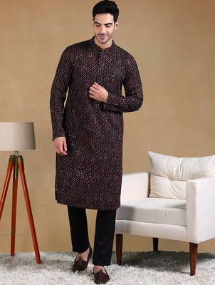 Men black viscose rayon geometric dyed straight kurta with trousers 1